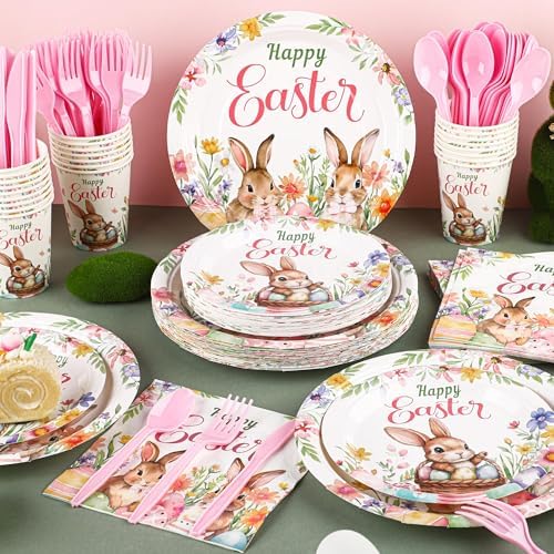 Kochorie 175 Pieces Easter Paper Plates and Napkins Disposable Colorful Eggs Easter Bunny Flower Tableware Set 7 Inch & 9 Inch Plates Napkins Cups Cutlery for Spring Holiday Party Decor, Serve 25 - Image 5