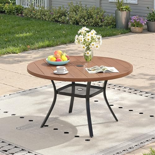 Outdoor Dining Table with Adjustable Umbrella Hole, 40.6" All-Weather Round Patio Dining Table for 4, Metal Patio Table with Storage Shelf for Garden Lawn Porch Deck Yard, Walnut by ProvideOutdoorSolutions