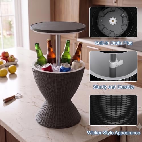 EasyUp Outdoor Cooler Bar Table – 8 Gallon Outdoor Patio Cooler Table with Drain Plug, Adjustable Height Rattan-Style Resin Cool Bar for Poolside, Deck, BBQ & Parties Classic Black - Image 4
