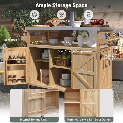 Merax Outdoor Kitchen Island, Rolling Bar Cart & Storage Cabinet, Farmhouse Solid Wood Outdoor Grill Table with Stainless Steel Top, Spice Rack, Towel Rack for Kitchen & BBQ, Natural - Image 5