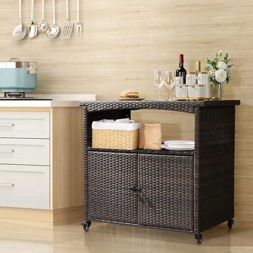 VINGLI Outdoor Storage Cabinet with Wheels, Waterproof Woven Rattan with Double Magnetic Doors, Mobile Multi-Purpose Cabinet for Storage, Buffet Server, Bar Table, Potting Bench (Wood Top) - Image 3