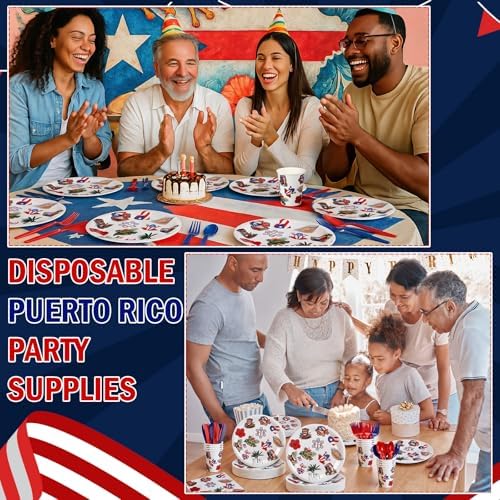 FoldTier 350 Pcs Puerto Rico Party Supplies Disposable Paper Plates Napkins Cups Puerto Rico Theme Birthday Party Decorations Tableware Flag Frog for Holiday Festival Family Friends Serve 50 Guests - Image 4