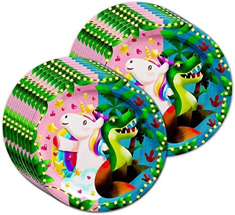 Unicorns & Dinos Joint Birthday Party Supplies Set Plates Napkins Cups Tableware Kit for 16 - Image 2