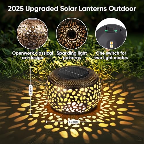 Solar Lantern Outdoor Patio Decor: Solar Lanterns Outdoor Waterproof Hollow Out Retro Metal Solar Powered, Outside Yard Porch Garden Balcony Desk Bedroom Indoor Tabletop Decorations 2 Lighting Colors - Image 4