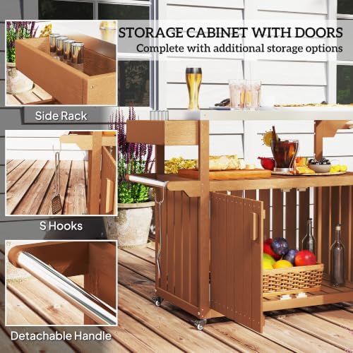 Outsunny Outdoor Bar Cart with Storage Cabinet Kitchen Island Brown - Image 6