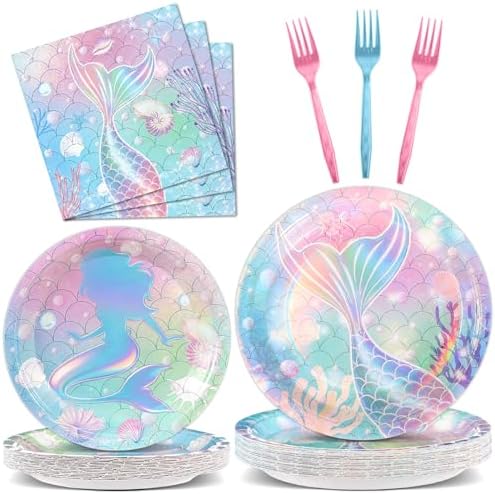 96Pcs Mermaid Party Paper Plates Napkins Set Iridescent Mermaid Birthday Supplies Holographic Disposable Dinnerware for Under the Sea Ocean Themed Birthday Gatherings Decorations by Oitnlaughter