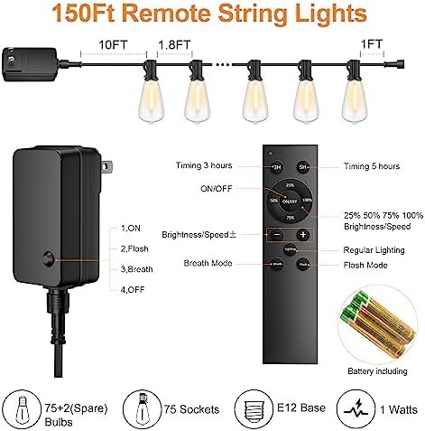 Outdoor String Lights 150FT 75+3 LED, Waterproof Dimmable Patio Lights - Image 6