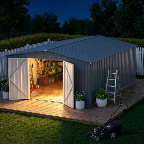 10 x 12 FT Outdoor Storage Shed, Heavy Duty Metal Shed with Lockable Double Door, 2 Magnetic Light, Sloped Roof & Vents for Garden Backyard Lawn,Gray by Unknown