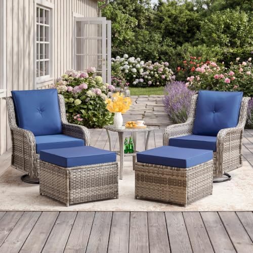 Wumiokio Patio Furniture Sets, Wicker Outdoor Furniture - 360 Degree Swivel Rocking Chairs and Rattan Side Table for Garden,Porch,Backyard (Grey Wicker/Blue Cushion, 5PCS - Swivel Chairs & Ottoman) by Wumiokio