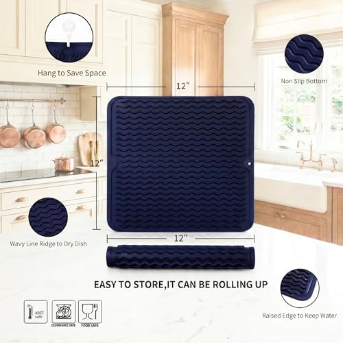 MicoYang Silicone Dish Drying Mat for Multiple Usage,Easy clean,Eco-friendly,Heat-resistant Silicone Mat for Kitchen Counter or Sink,Refrigerator or Drawer liner Navy Blue M 12 inches x 12 inches - Image 2