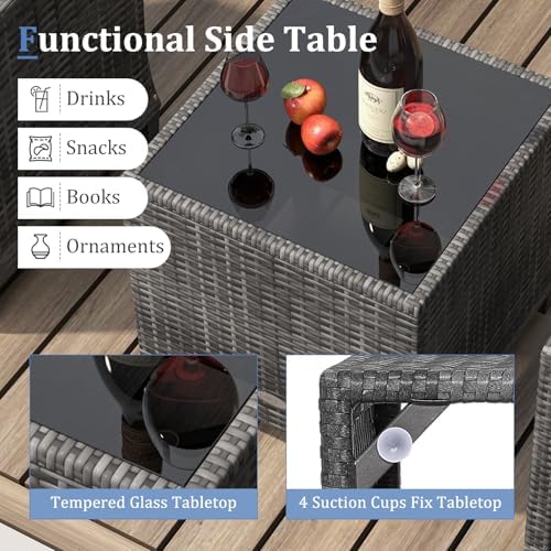 KOTEK 3 Piece Patio Furniture Set, Outdoor PE Rattan Conversation Set with Washable Cushions & Tempered Glass Tabletop, Wicker Chairs and Table Set for Porch, Garden, Balcony (Black) - Image 5