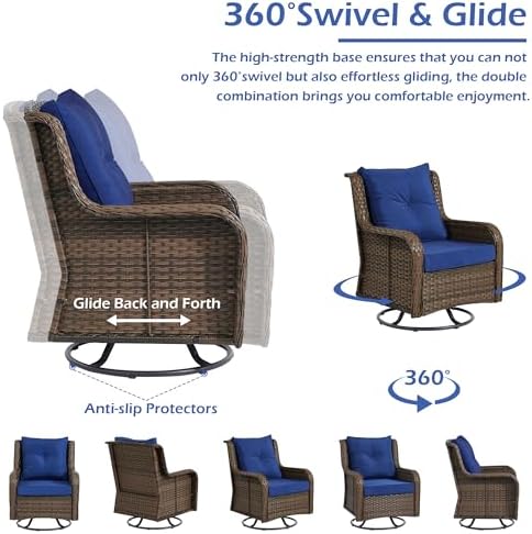 Wumiokio Patio Furniture Sets, 3 Pieces Wicker Outdoor Furniture - 360 Degree Swivel Rocking Chairs and Rattan Side Table for Garden,Porch,Backyard (Brown Wicker/Blue Cushion, 3PCS - Swivel Chairs) - Image 4
