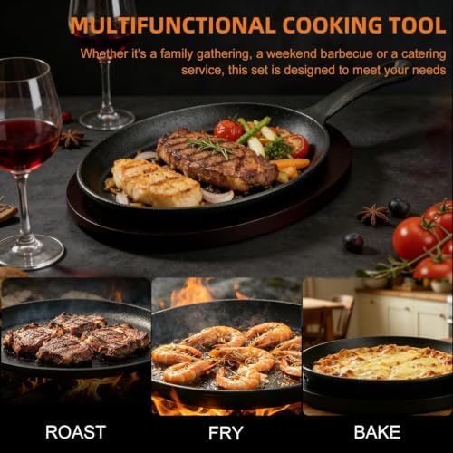 DVK Cast Iron Fajita Plate Set Pre-Seasoned Fajita Skillet with Wooden Base Anti Scald Mitt Sizzling Plate for Grill Stove Oven Home BBQ Restaurant Catering - Image 3
