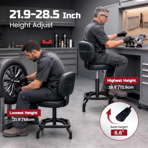 Shop Stool, Garage Stool with Backrest, Mechanic Chair for Workshop, Black - Image 3
