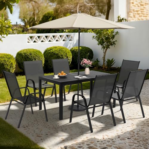 Pamapic Outdoor Dining Sets for 6, Rectangular Steel Slat Table with 6 Textilene Chairs, 7 Piece Patio Table and Chairs Set with Umbrella Hole for Patio, Backyard, Poolside (Black, No Umbrella) by Pamapic