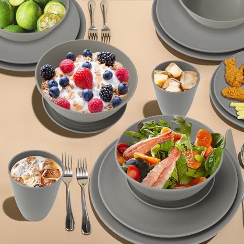 Wrova 40Pack plates and bowls sets for kitchen - Unbreakable wheat straw dinnerware sets service for 8 - Alternative plastic 40pcs dish sets for picnic,camping and R.V. - (Grey) - Image 5