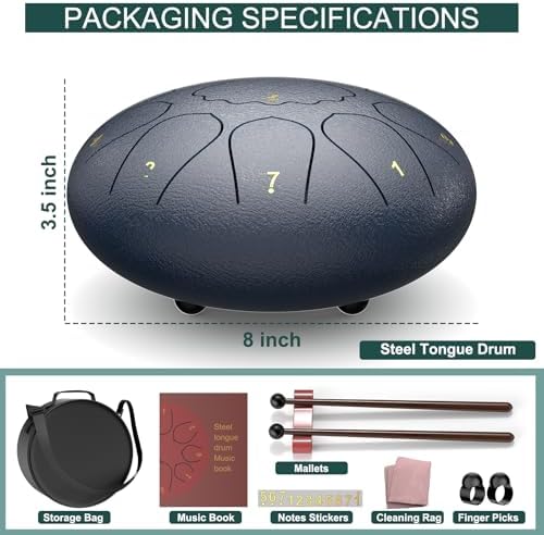 Rain Drum for Outside Garden, 8 Inches 11 Notes Steel Tongue Drum, Waterproof Meditation Rain Chime, Musical Instruments for Adult Gift with Bag, Music Book, Mallets (Navy Blue) - Image 2