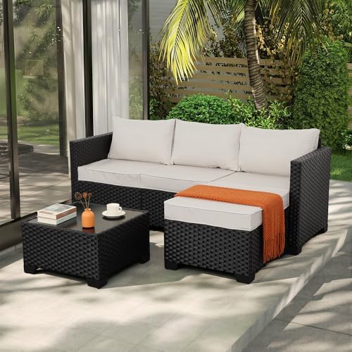 Rattaner Outdoor Furniture Set 3 Pieces Wicker Patio Furniture Outdoor Sectional Patio Couch Outdoor Coffee Table All-Weather Non-Slip Cushions Waterproof Covers, Khaki by Rattaner