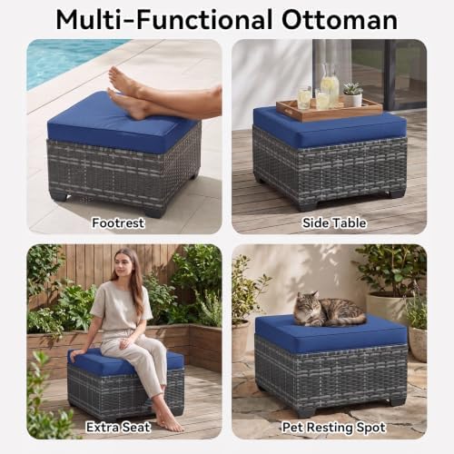 Aoxun 2 Piece Patio Sofa Ottomans with 4" Thick Cushions, Wicker Outdoor Couch Extension Set, All-Weather Rattan Seating Accessory for Backyard Furniture, Navy Blue - Image 5