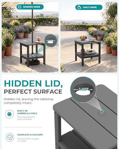 SERWALL Double Layer Adirondack Side Table with Umbrella Hole, HIPS Outdoor Side Table Rectangular End Tables for Patio, Poolside, Garden, Gray - Image 3