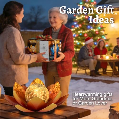 Huaxu Solar Lights Outdoor Garden Decoration Crackle Globe Glass Waterproof LED Metal Orange Lotus Flowers Gift for Mom,Women,Patio,Lawn,Walkway,Tabletop,Ground - Image 7