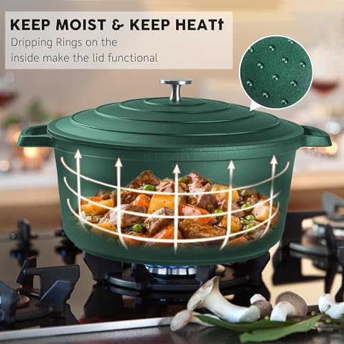 Large Dutch Oven Pot with Lid-7.5QT Cast Aluminum Oven Pot with Two Handles Lightweight for Bread Baking Braising and Roasting(Green) - Image 6