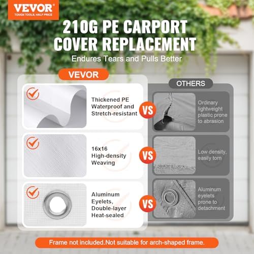 VEVOR 10x20' Canopy Replacement Cover Heavy Duty, Carport Garage Top Tent Shelter Tarp Waterproof & UV Protected, Easy Installation with 40 Free Ball Bungeess(Only Cover, Frame Not Include) - Image 2