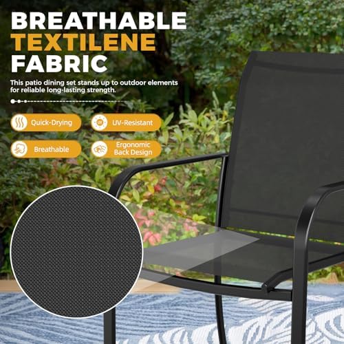 Incbruce 6 Pcs Patio Dining Set, Textilene Chairs and Square Table with Brown Umbrella (Black) - Image 3