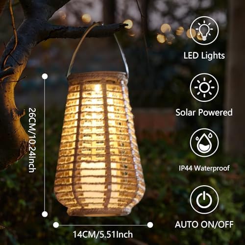 2 Pack Solar Lanterns Outdoor Waterproof, Hand-Woven Hemp Rope,10x5.5 Inch - Image 3