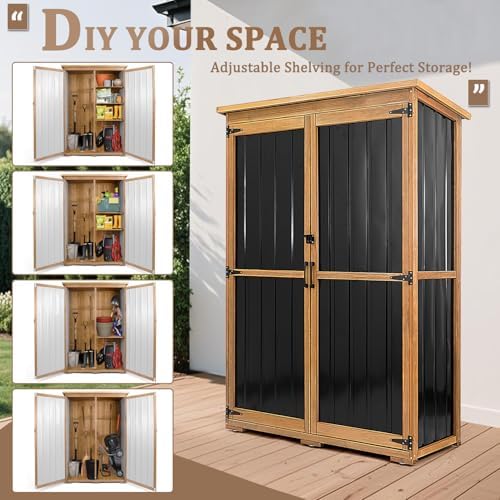 46" L Large Outdoor Storage Cabinet with Shelves, Wood & Metal Storage Shed Weather-Resistant, Outside Storage Cabinet for Garage Patio Backyard Garden with Waterproof Roof - Image 4