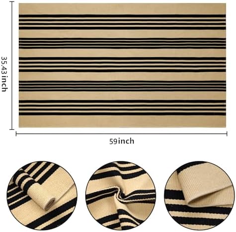 Outdoor Rug 3'x 5',Black and Tan Striped Area Rug Fall Front Porch Mat - Image 2