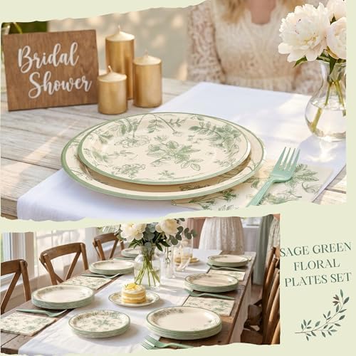 100 Pcs Disposable Sage Green Floral Tableware Set for 25 Guests - Image 6