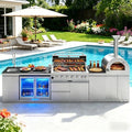 147" Outdoor Kitchen Island,Natural Gas BBQ Grill with Pizza Oven,Rotisserie,Double Door Refrigerator,Storage Cabinets,Granite Countertop & Drawers,120,000 BTU,Stainless Steel Material. by INOTEVERITORY