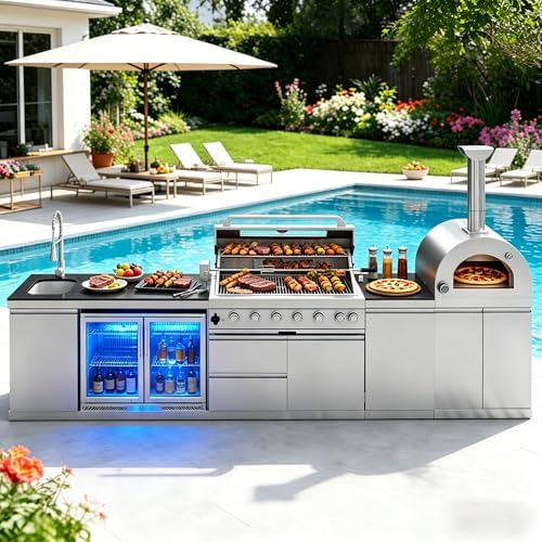 147" Outdoor Kitchen Island,Natural Gas BBQ Grill with Pizza Oven,Rotisserie,Double Door Refrigerator,Storage Cabinets,Granite Countertop & Drawers,120,000 BTU,Stainless Steel Material. by INOTEVERITORY