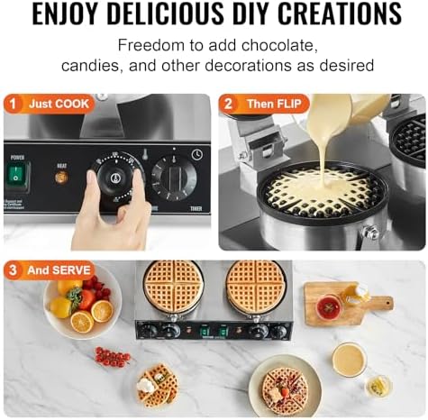 VEVOR Commercial Waffle Maker, Dual-Head Round Waffle Baker Machine, 2460W Non-Stick Stainless Steel Belgian Waffle Iron with Temp and Time Control, Handle, for Restaurant Bakery Snack Bar Family - Image 6
