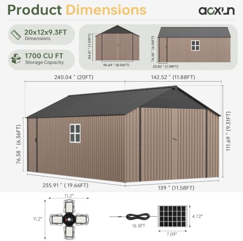 Aoxun 12'x20'x9.3' Outdoor Storage Shed Metal Garage Sheds with Solar Light - Image 4