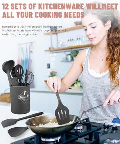 Gray Kitchen Utensils Set-12 Pieces Silicone Cooking Utensils Set - Image 4