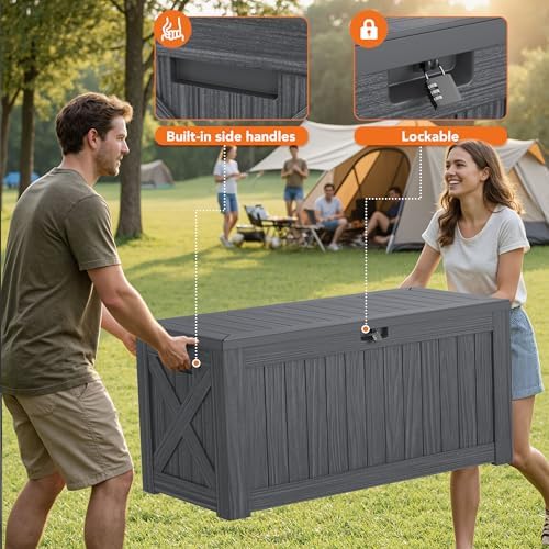 130 Gallon Deck Box Outdoor Indoor Waterproof Storage Box, Gray - Image 2