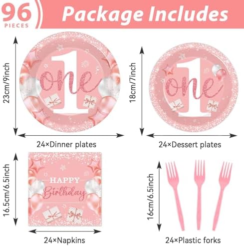 96 Pcs Girl 1st Party Supplies Pink One Year Old Paper Plates Baby Girl 1st Birthday Decoration Pink DisposableTableware Set Bridal Shower Birthday Party Paper Plate Napkin Fork 24 Guests - Image 2