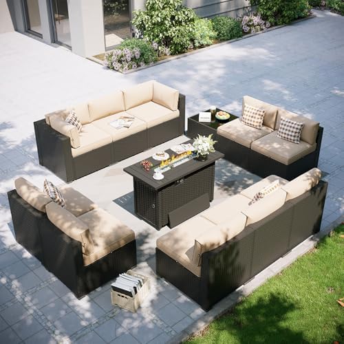 Aoxun Patio Furniture Set with Fire Pit Table, 12 Piece Outdoor Sectional Sofas, 10 Seats Wicker Rattan Outdoor Furniture with Thickened Cushion for Backyard, Garden Begin by Aoxun