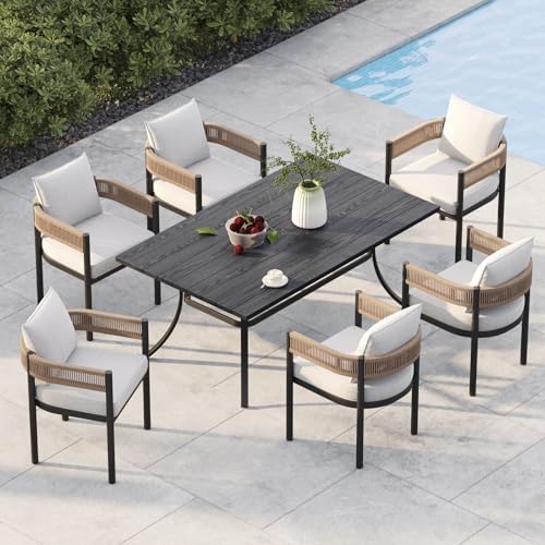Grand patio Outdoor Dining Set, 7-Piece Patio Table and Chairs Set, Metal Woven Wicker Fixed Patio Chairs with Thickened Cushions & 1 Rectangular Woodgrain Dining Table with Umbrella Hole (Natural) by GrandPatio