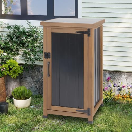 Small Outdoor Storage Cabinet Weatherproof, Wood Garden Potting Bench Table with Removable Shelves, Metal Top, Outdoor Cabinet Work Station for Patio, Backyard, Brown,17.9''x17.9''x33.5'' - Image 6