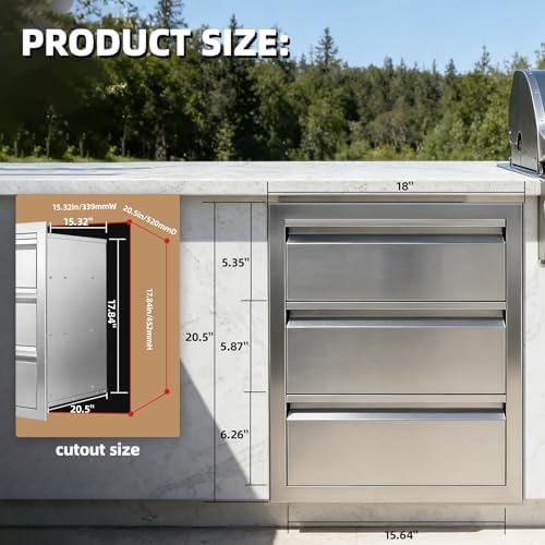 Outdoor Kitchen Drawers 18" x 20.5" x 20.5" Stainless Steel Triple Drawer Cabinet, Flush Mount Modular Storage for BBQ Islands & Patios - Image 4
