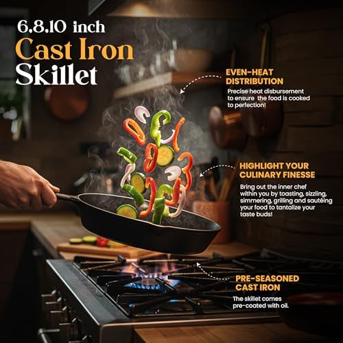 Utopia Kitchen Cast Iron Skillet Set 3 Piece 6 8 10 Inch PFAS-Free Black - Image 3