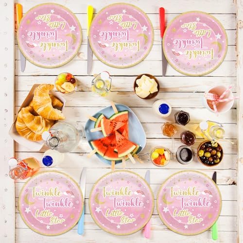 Wiooffen 48 Pcs Twinkle Twinkle Little Star Party Supplies 9" Paper Plates Set Gender Reveal Theme Tableware Pack Pink Baby Shower Party Dessert Plates Little Star Birthday Holidays Decorations - Image 4