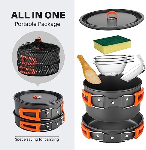 Odoland 9pcs Camping Cookware Non-Stick Lightweight Pots and Pans Set with Plastic Bowls Soup Spoon for Backpacking, Outdoor Cooking and Picnic - Image 2