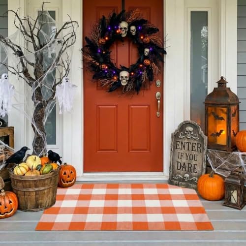 SEEKSEE Halloween Decor Buffalo Plaid Outdoor Rug 27.5x43 Orange and White Front Door Mat, Layering Rug for Porch, Halloween Doormat, Front Porch Rug for Outdoor Entrance Entryway Patio Porch Decor - Image 3