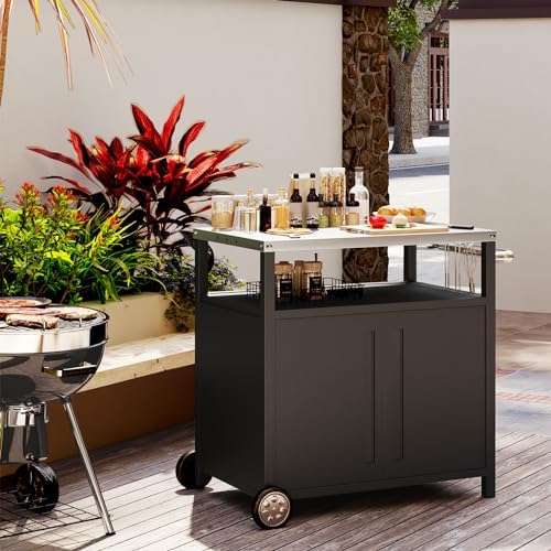 Outdoor Grill Cart with Storage Cabinet Stainless Steel Prep Stand with Storage Cabinet and Wheels Movable Whole Portable Table Outdoor Rolling Prep Station Kitchen Island Pizza Oven Table for Garden - Image 7