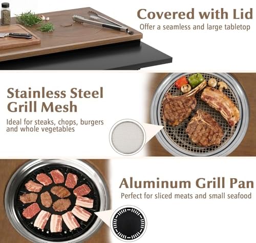 Giantex Outdoor Grill Cart with Korean BBQ Charcoal Grill, Dual Cooking Surfaces, Rolling Food Prep Table with Foldable Side Shelf, Storage Shelves, Wood-Look Top, for Patio, Party & Backyard Cooking - Image 4