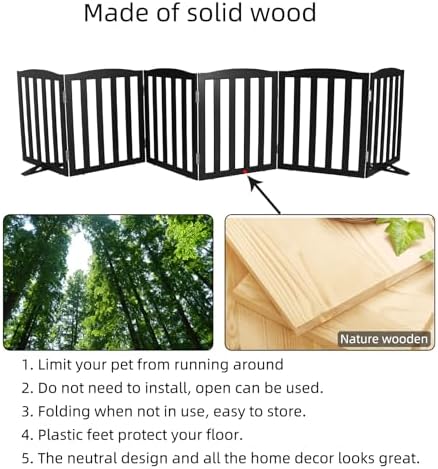 Freestanding Dog Gate Indoor,Doggie Gate Foldable Pet Gates for Doorways,Stairs or Hallways, Wooden Black Pet Gate for the House, Pet Fence with Support Feet Included,24 "Height-6 Panels - Image 6